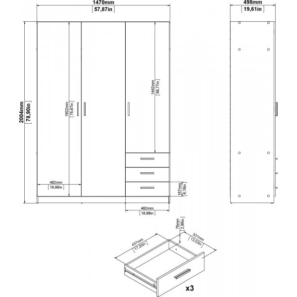 Sprint garderobe med 3 d�rer og 3 skuffer - Hickory