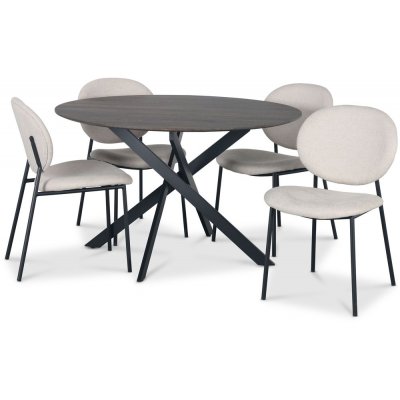 Hogrän spisegruppe Ø120 cm bord i mørkt tre + 4 stk Tofta beige stoler