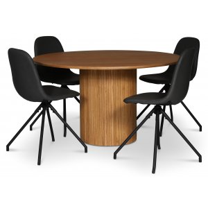 spisegruppe i Nordansjöen; rundt spisebord Ø130 cm, oljet eik + 4 stk Bridge spisestoler svingbare, svart PU spisegruppe i Nordansjöen; rundt spisebord Ø130 cm, oljet eik + 4 stk Bridge spisestoler svingbare, svart PU