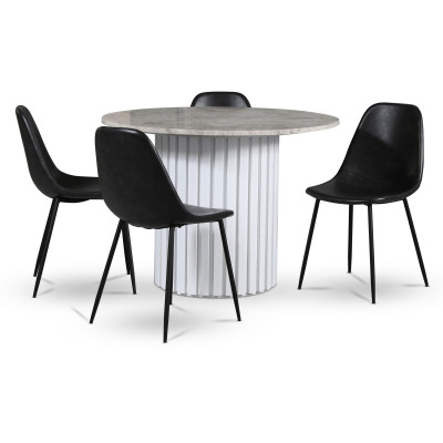 Empire spisegruppe 105 cm inkl. 4 stk. Bjurtrsk svarte stoler - Slv Diana marmor / Hvit lamell trefot
