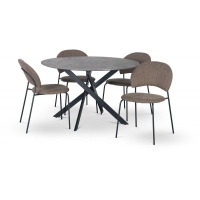 Hogrän spisegruppe Ø120 cm bord i betongimitasjon + 4 stk Hogrän brune stoler
