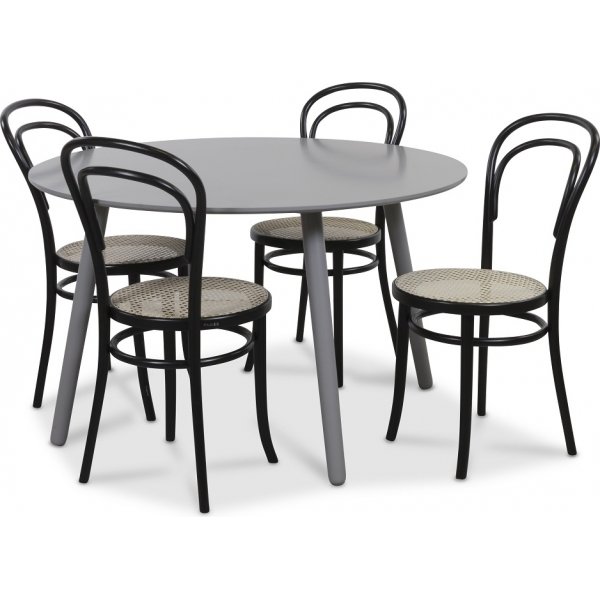 Rosvik spisegruppe grtt rundt bord med 4 st Thonet stoler - Gr / Svarte