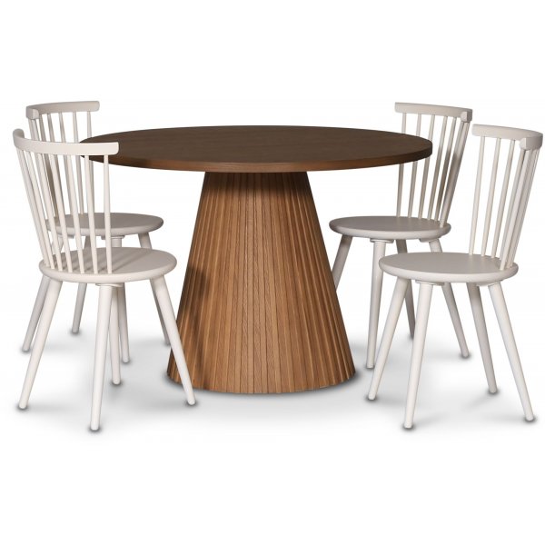 Cleo spisegruppe, rundt bord 110 cm, inkludert 4 stk. hvite Castor pinnestoler - mrk eikefiner