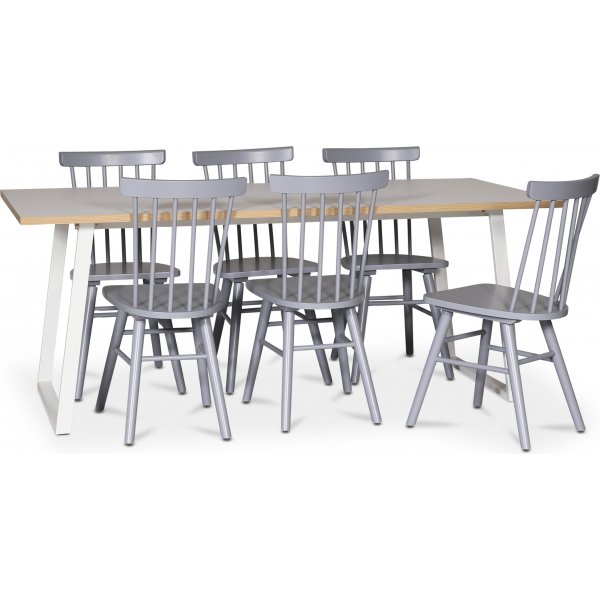 Edge dining gruppe; Spisebord i hvit HPL 190x90 cm med 6 grå Orust stokkstoler Edge dining gruppe; Spisebord i hvit HPL 190x90 cm med 6 grå Orust stokkstoler