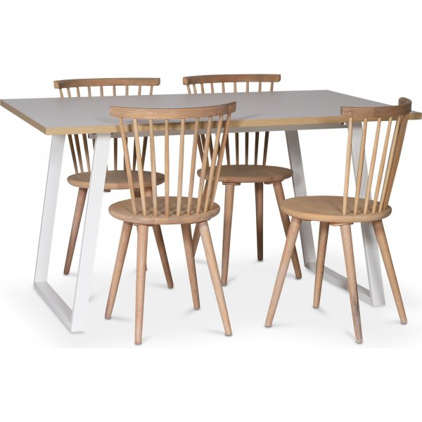 Edge spisegruppe; Spisebord i hvit HPL 140x90 cm med 4 Castor stokkstoler i hvitvask