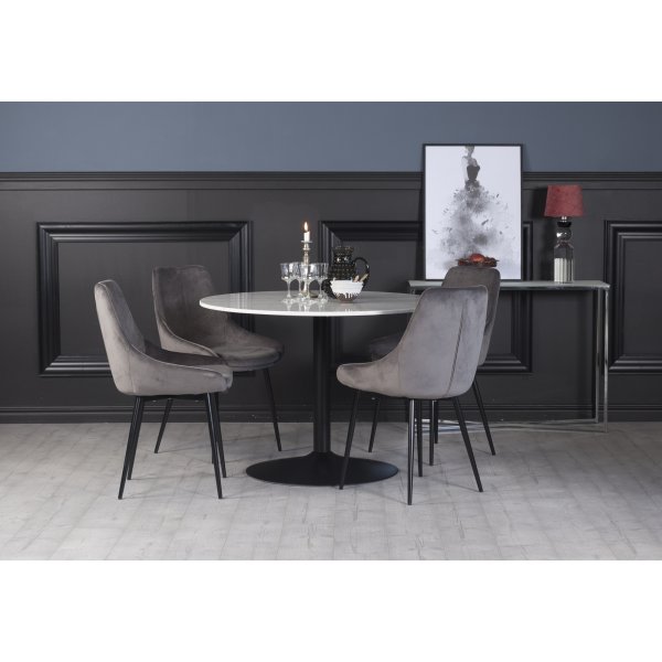 Plaza spisegruppe, marmorbord med 4 st Theo flyelstoler - Gr/Hvit/Svart