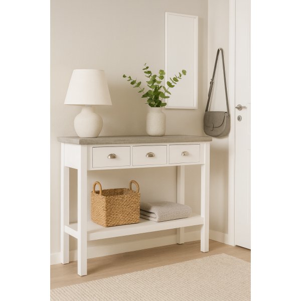 Hugo avlastningsbord med 3 skuffer - Hvit / Sement Hugo avlastningsbord med 3 skuffer - Hvit / Sement