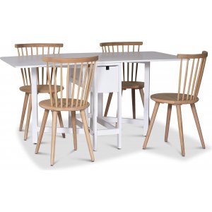 Sandhamn spisegruppe; klaffbord med 4 Castor pinnestoler i whitewash
