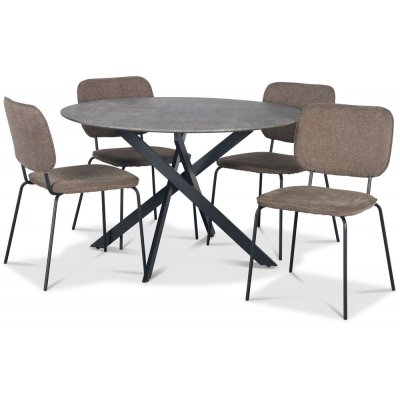 Hogrän spisegruppe Ø120 cm bord i betongimitasjon + 4 stk Lokrume brune stoler