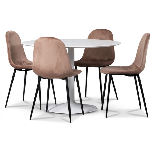 Seat spisegruppe, rundt spisebord med 4 stk Carisma fløyelsstoler - Hvit/Korall Seat spisegruppe, rundt spisebord med 4 stk Carisma fløyelsstoler - Hvit/Korall
