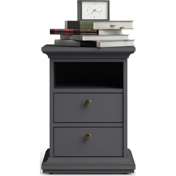 Paris smalt nattbord med 2 skuffer og 1 åpent rom - Grå Paris smalt nattbord med 2 skuffer og 1 åpent rom - Grå