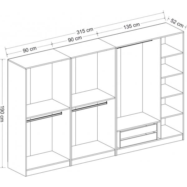 Rizada garderobe 315x52x210 cm - Hvit