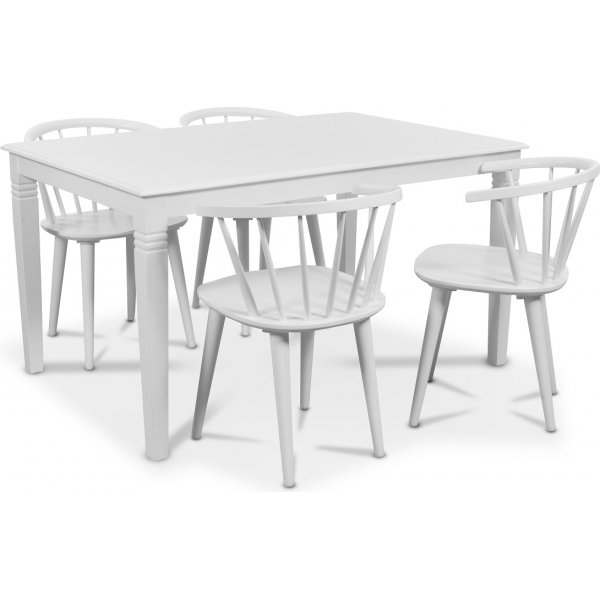 Mellby spisegruppe 140 cm bord med 4 stk hvite Fredrik Pinnstolar med ramme - Hvit
