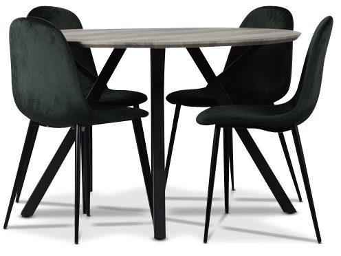 Smokey Spisegruppe, rundt spisebord med 4 stk Carisma fløyelsstoler - Mørkegrønn Smokey Spisegruppe, rundt spisebord med 4 stk Carisma fløyelsstoler - Mørkegrønn