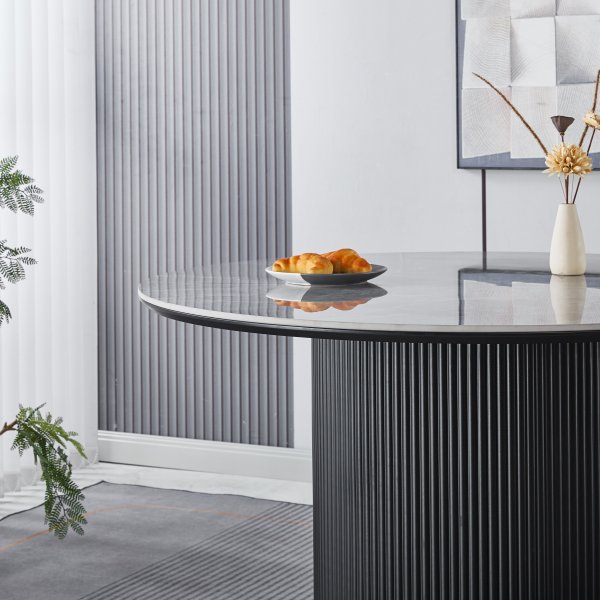 Spisegruppe Salvador spisebord Ø120cm i grå stein med 4 Callum spisestoler i beige stoff Spisegruppe Salvador spisebord Ø120cm i grå stein med 4 Callum spisestoler i beige stoff