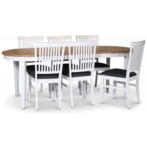 Fr spisegruppe; spisebord 160/210x90 cm - Hvit / oljet eik med 6 stk Fr stoler med sete i grtt stoff