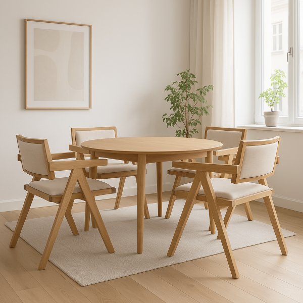 Spisegruppe Genova 110-160 cm i oljet eik med 4 Sara lenestoler i eik og lin