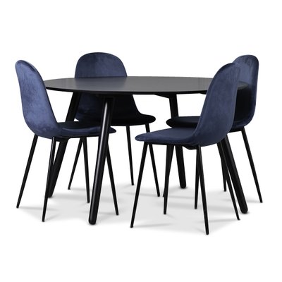 Rosvik spisegruppe, spisebord med 4 stk Carisma fløyelsstoler - Svart/Blå