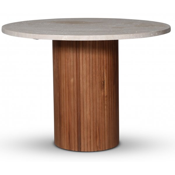 Decibel spisegruppe; rundt spisebord i travertin + 4 Siknäs stoler rotting Decibel spisegruppe; rundt spisebord i travertin + 4 Siknäs stoler rotting