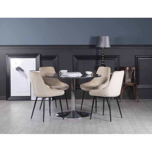 Plaza spisegruppe, marmorbord med 4 st Theo flyelstoler - Beige/Gr/Krom