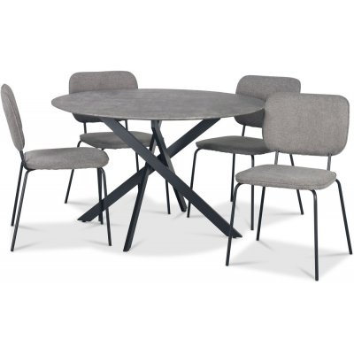 Hogrän spisegruppe Ø120 cm bord i betongimitasjon + 4 stk Lokrume grå stoler
