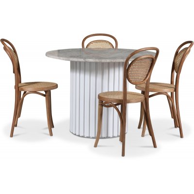 Empire spisegruppe 105 cm inkl. 4 stk. stoler No. 10 i byd tre Vintage - Slv Diana marmor / Hvit lamell trefot
