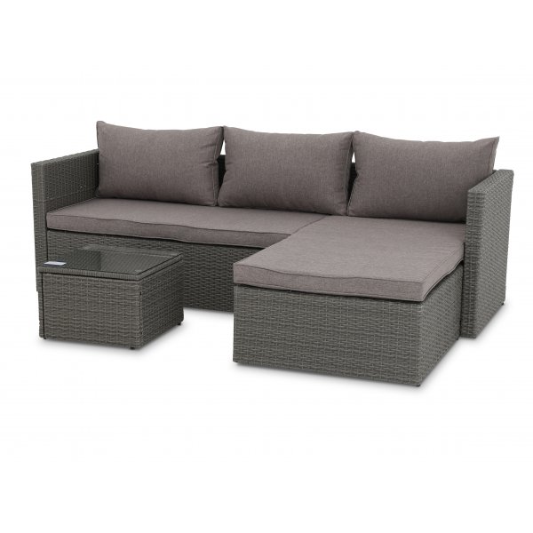 Miami utegruppe sofa med bord - Grå kunstrotting + Møbelføtter Miami utegruppe sofa med bord - Grå kunstrotting + Møbelføtter