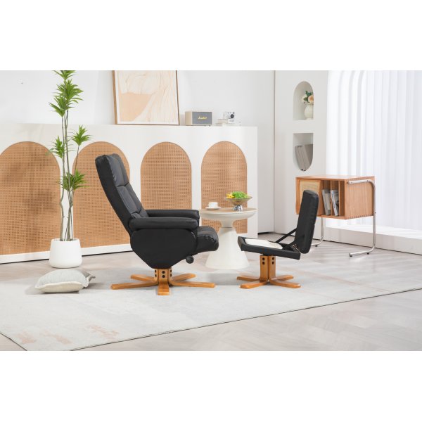 Duva hvilestol med fotskammel i sort PU med brune ben