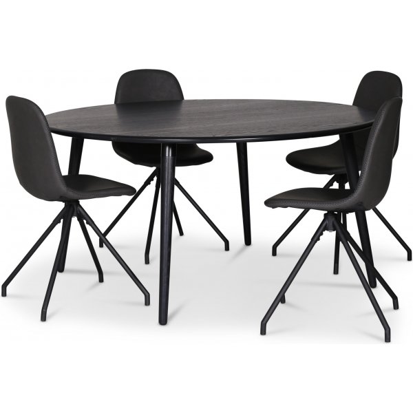 Omni spisegruppe, rundt spisebord 130 cm inkludert 4 stk. svarte Bridge svingbare stoler - Svartbeiset eik + 4.00 x Serviettringer
