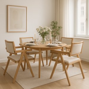 Spisegruppe Genova Ø110-160 cm i oljet eik med 4 Sara lenestoler i eik og lin Spisegruppe Genova Ø110-160 cm i oljet eik med 4 Sara lenestoler i eik og lin