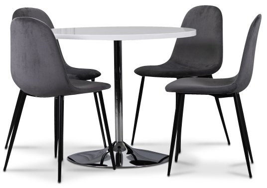 Tiana spisegruppe, rundt spisebord med 4 Carisma fløyelsstoler - Hvit/Grå Tiana spisegruppe, rundt spisebord med 4 Carisma fløyelsstoler - Hvit/Grå