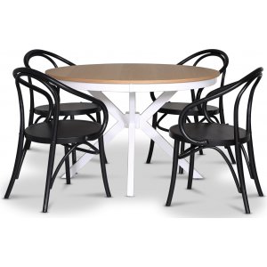 Tromsö spisegruppe; rund spisebord Hvit / Eik med 4 stk Danderyd No.30 lenestoler svart Tromsö spisegruppe; rund spisebord Hvit / Eik med 4 stk Danderyd No.30 lenestoler svart