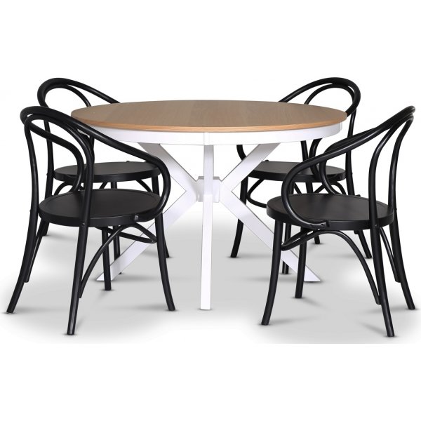 Troms spisegruppe; rund spisebord Hvit / Eik med 4 stk Danderyd No.30 lenestoler svart