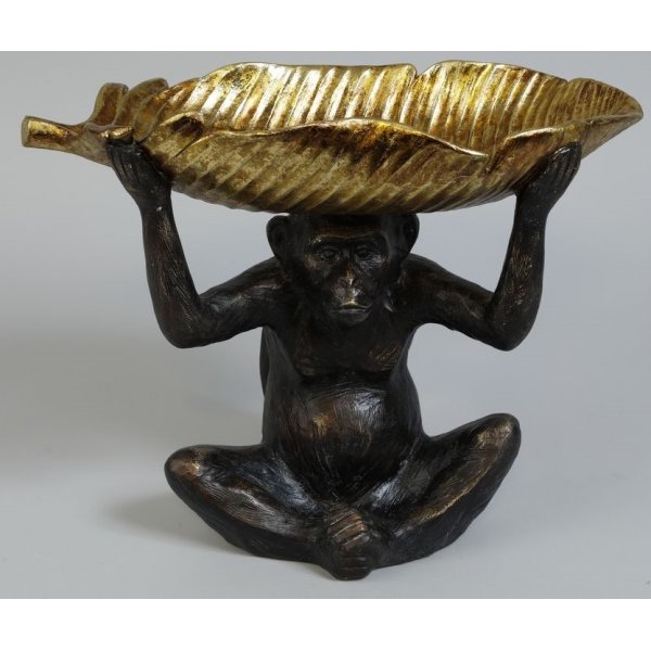Statue Monkey med blader - Svart messing