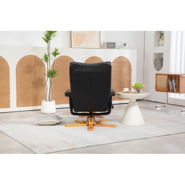 Duva hvilestol med fotskammel i sort PU med brune ben