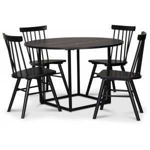 Sintorp spisegruppe, rundt spisebord Ø115 cm inkludert 4 stk. Orust pinnestoler - svart marmor (laminat) + Møbelføtter