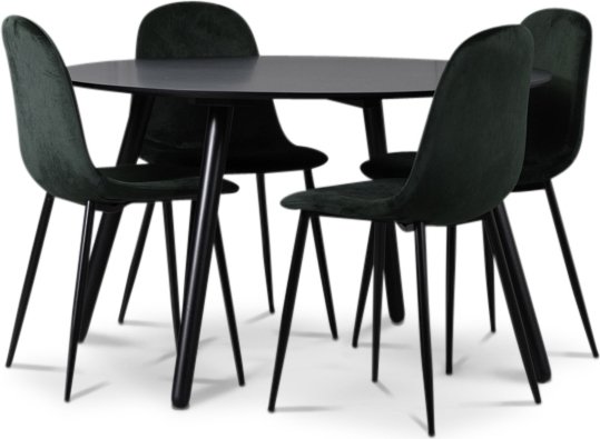Rosvik spisegruppe, spisebord med 4 Carisma flyelsstoler - Sort/Grnn