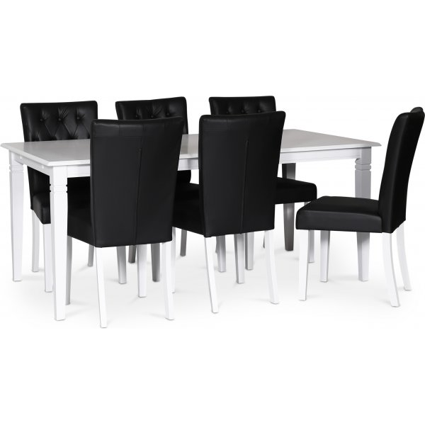 Sandhamn spisegruppe; 180x95 cm bord med 6 Crocket spisestoler i svart PU