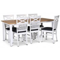 Fårö spisegruppe; spisebord 180x90 cm - Hvit / oljet eik med 6 Fårö spisestoler med kryss i ryggen, sete i grått stoff Fårö spisegruppe; spisebord 180x90 cm - Hvit / oljet eik med 6 Fårö spisestoler med kryss i ryggen, sete i grått stoff