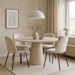 Spisegruppe Lanzo Ø120 cm med 4 Astrid-stoler i beige fløyel Spisegruppe Lanzo Ø120 cm med 4 Astrid-stoler i beige fløyel
