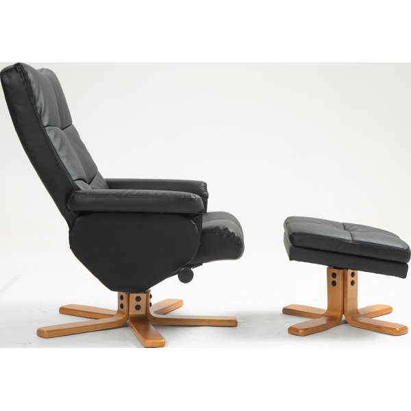 Duva hvilestol med fotskammel i sort PU med brune ben