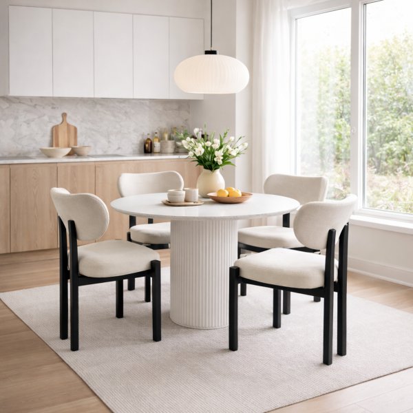 Spisegruppe Sand� spisebord �120 cm i hvit terrazzo med 4 Callum spisestoler i beige stoff