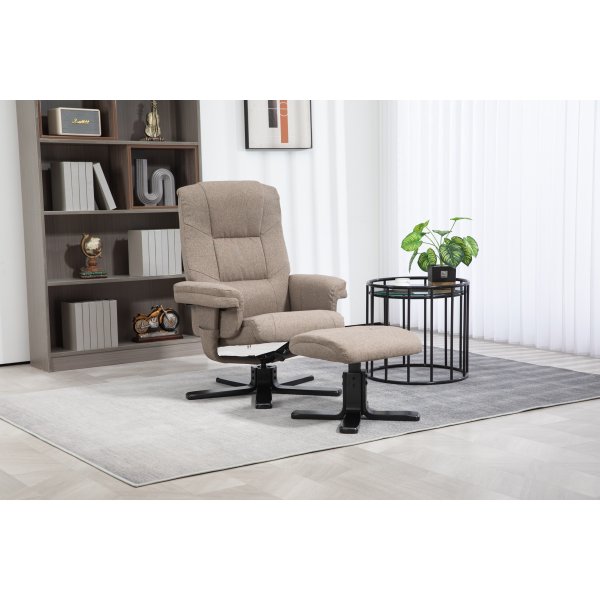 Oslo hvilestol med krakk i mørk beige stoff Oslo hvilestol med krakk i mørk beige stoff