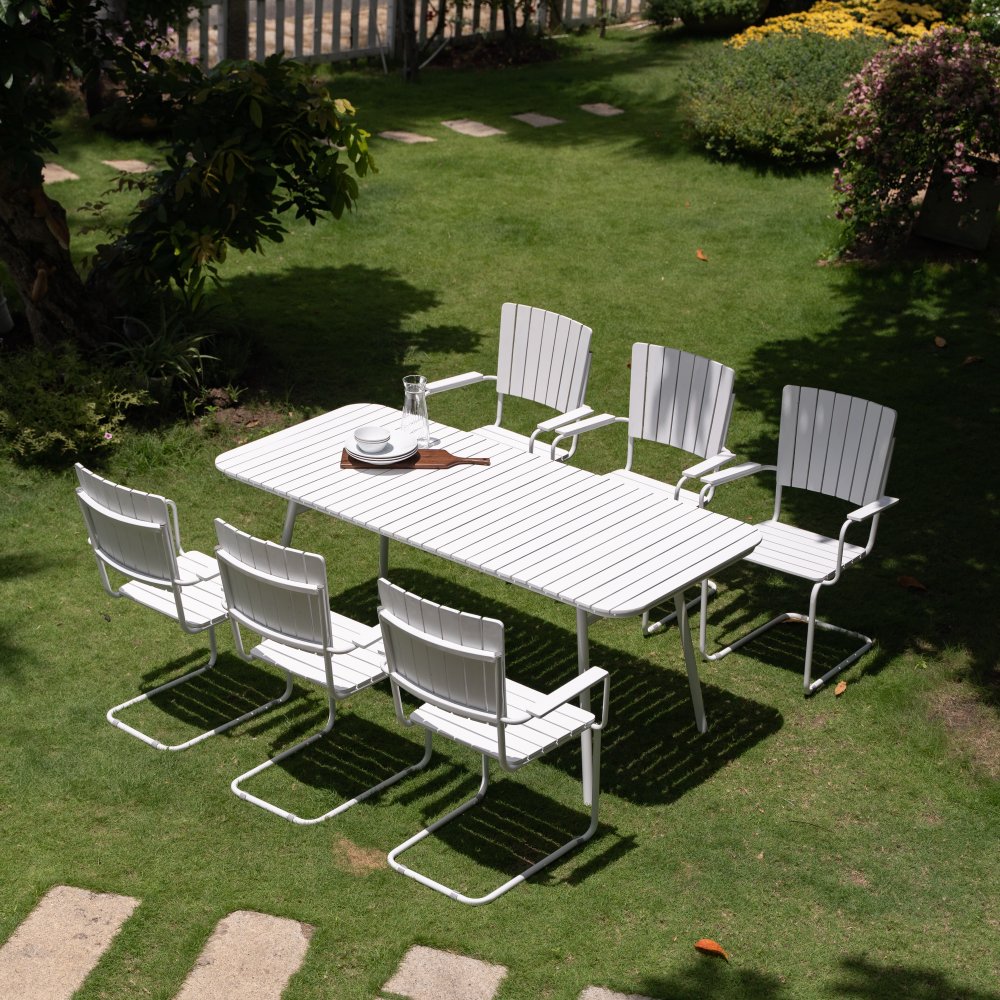 Holmsund matvaregruppe bord 180x80 cm med 6 lenestoler - hvitt - Spisegrupper hage, Hagegrupper, Hagemøbler
