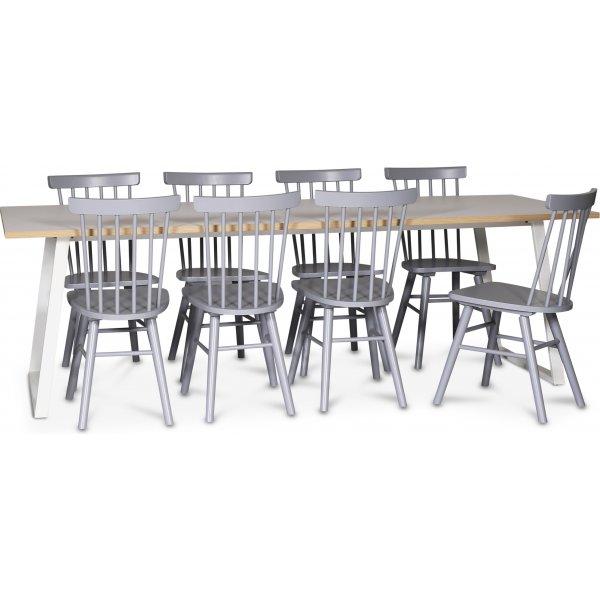 Edge spisegruppe; Spisebord i hvit HPL 240x90 cm med 8 gr Orust stokkstoler