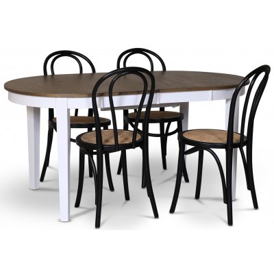 Skagen spisegruppe; spisebord 160/210x90 cm - Hvit / brunoljet eik med 4 stk Danderyd No.18 stoler Svart