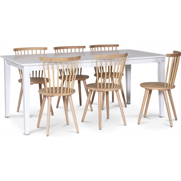 Sandhamn spisegruppe; 180x90 cm bord med 6 Castor pinnestoler