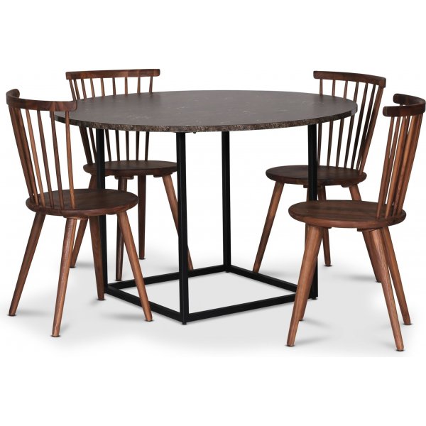 Sintorp spisegruppe, rundt spisebord 115 cm inkludert 4 stk. Castor pinnestoler i valntt  Brun marmor (Laminat)