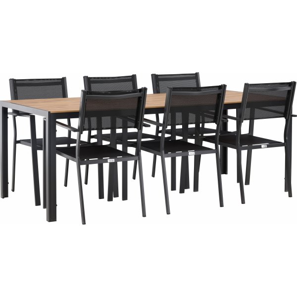 Matvaregruppen i Chania; 6 stoler med bord 205 x 90 cm - Svart/natur Matvaregruppen i Chania; 6 stoler med bord 205 x 90 cm - Svart/natur