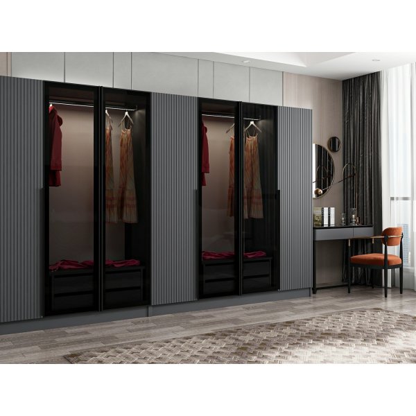 Cikani garderobe med speildrer, 315x52x210 cm - Antrasitt